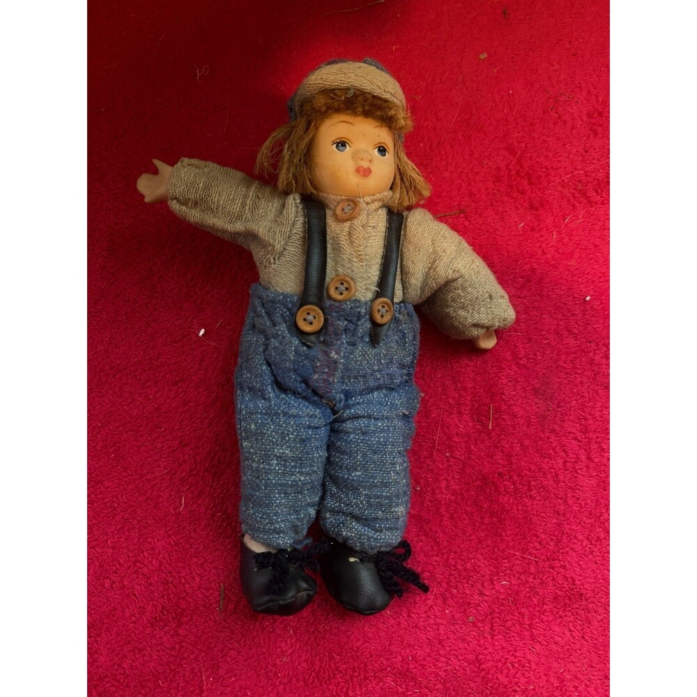 Vintage Porcelain Folk Doll - Girl Grey Shirt